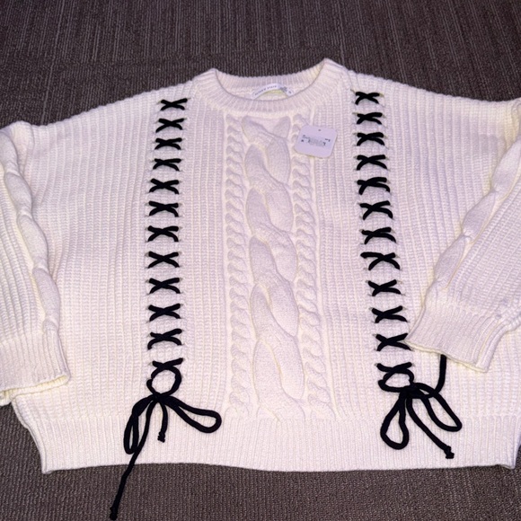 Altar'd State Sweaters - Altar'd State Ivory Sweater with Black Lace Details-NWT Tyla Cable Braid Sweater